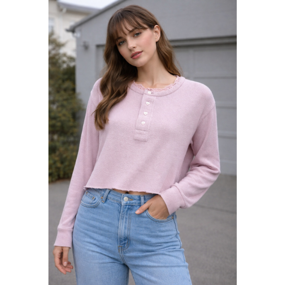 Love Shack Fancy Women Lace Trim Henley Top Pink Long Slv Sz S Feminine Coquette